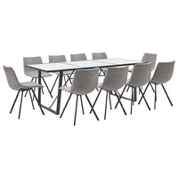 11 Piece Dining Set Light Grey Faux Leather
