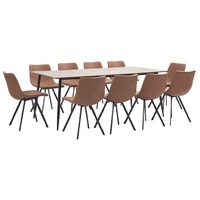 11 Piece Dining Set Medium Brown Faux Leather