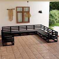 10 Piece Garden Lounge Set Black Solid Pinewood