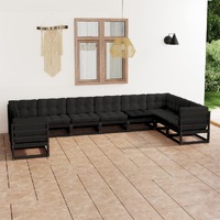 10 Piece Garden Lounge Set with Cushions Black Solid Pinewood