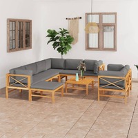 10 Piece Garden Lounge Set with Grey Cushions Solid Teak Wood