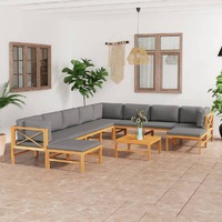 11 Piece Garden Lounge Set with Grey Cushions Solid Teak Wood