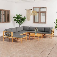 9 Piece Garden Lounge Set with Grey Cushions Solid Teak Wood