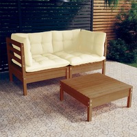 3 Piece Garden Lounge Set with Cream Cushions Pinewood