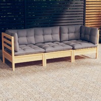 3-Seater Garden Sofa with Grey Cushions Solid Pinewood