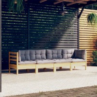 4 Piece Garden Lounge Set with Grey Cushions Solid Pinewood
