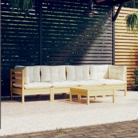 5 Piece Garden Lounge Set with Cream Cushions Solid Pinewood