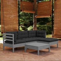 5 Piece Garden Lounge Set with Cushions Grey Pinewood