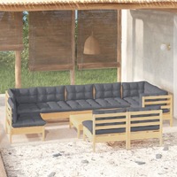 10 Piece Garden Lounge Set with Grey Cushions Solid Pinewood