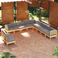 11 Piece Garden Lounge Set with Grey Cushions Solid Pinewood