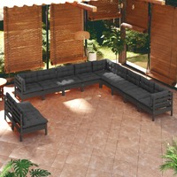 11 Piece Garden Lounge Set with Cushions Black Solid Pinewood