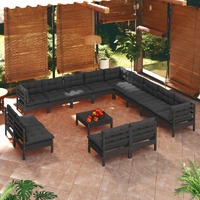 14 Piece Garden Lounge Set with Cushions Black Solid Pinewood
