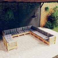 11 Piece Garden Lounge Set with Grey Cushions Solid Pinewood