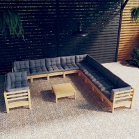 12 Piece Garden Lounge Set with Grey Cushions Solid Pinewood
