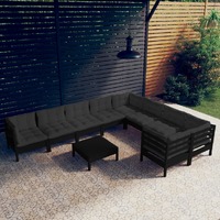 10 Piece Garden Lounge Set with Cushions Black Pinewood