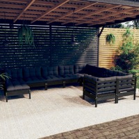 10 Piece Garden Lounge Set with Cushions Black Pinewood
