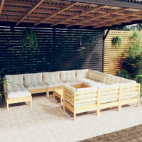 12 Piece Garden Lounge Set with Cream Cushions Pinewood