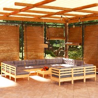 14 Piece Garden Lounge Set with Grey Cushions Pinewood