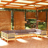 10 Piece Garden Lounge Set with Grey Cushions Pinewood