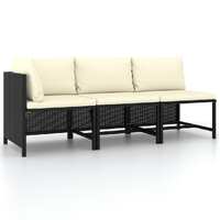 3 Piece Garden Sofa Set with Cushions Black Poly Rattan