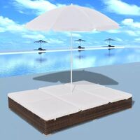Sun Bed with Parasol & Cushions Poly Rattan Brown