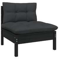 Garden Middle Sofa with Cushions Black Solid Pinewood