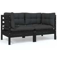 2-Seater Garden Sofa with Cushions Black Solid Pinewood