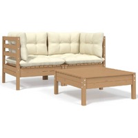 3 Piece Garden Lounge Set with Cream Cushions Solid Pinewood