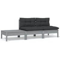 3 Piece Garden Lounge Set with Cushions Grey Solid Pinewood