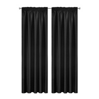 Artqueen 2X Pinch Pleat Pleated Blockout Curtains Black 180cmx213cm