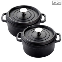 SOGA 2X Cast Iron 24cm Enamel Porcelain Stewpot Casserole Stew Cooking Pot With Lid Black
