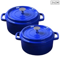 SOGA 2X Cast Iron 24cm Enamel Porcelain Stewpot Casserole Stew Cooking Pot With Lid Blue