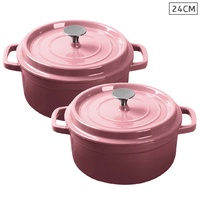 SOGA 2X Cast Iron 24cm Enamel Porcelain Stewpot Casserole Stew Cooking Pot With Lid Pink