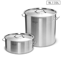 SOGA 9L Wide Stock Pot  and 33L Tall Top Grade Thick Stainless Steel Stockpot 18/10