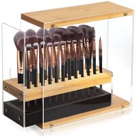 31 Holes Acrylic Bamboo Brush Holder Organiser Beauty Cosmetic Display Stand with Leather Drawer Black (22.3 x 8.6 x 21.5 cm)