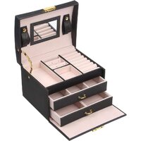 Portable Travel Jewelry box with three-layer PU leather storage box, mirror and lock