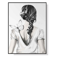 60cmx90cm Woman Back With Butterfly Black Frame Canvas Wall Art