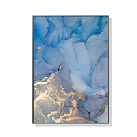 50cmx70cm Light Blue Marble With Gold Splash Black Frame Canvas Wall Art