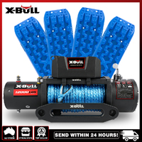 X-BULL 12V Electric Winch 12000LB Synthetic Rope with 4PCS Recovery Tracks Sand Mud Track Gen3.0 Blue