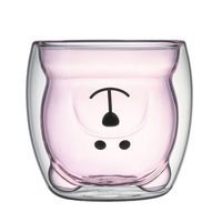 2pcs Cute Bear Mugs Double Wall Insulated Glasses for Juice Coffee Tea Milk - Pink Bear