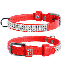 Waudog Leather Dog Collar with Crystals 19-25CM RED