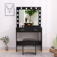 Fidel Vanity Set with Cushioned Stool and Lighted Mirror- Black