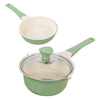 Happy Lambs 16cm Olive Sauce Pot Frying Pan w/ a Lid Set Non-Stick Stone Induction IH Frypan