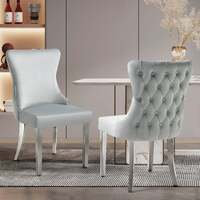 Set of 2 - Paris Light Grey Velvet  & Silver Polished Steel Upholstered Dining Chairs Tufted Back