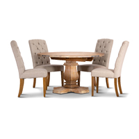 Gloriosa 5pc Dining Set 135cm Round Table 4 Beige Chair Mango Wood - Honey Wash