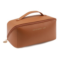 Large Travel Cosmetic Bag Portable Make up Makeup Bag Waterproof PU Leather Storage Brown