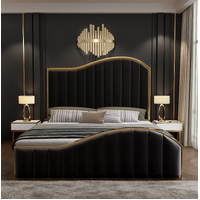 Queen Size Black Velvet Fabric Golden Metal Storage Elegant Luxury Bedframe