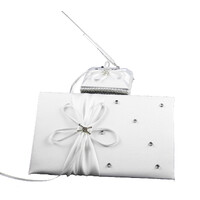 White Wedding Guest Book Register with Silver Pen Matching Stand Set 36 Lined Pages - White Ribbon and Diamante Bow Cover