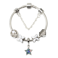 Women Silver Plated Bracelet Snake Chain with Classic Bead Barrel Clasp and Blue Star Pendant(18cm)