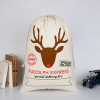 50x70cm Canvas Hessian Christmas Santa Sack Xmas Stocking Reindeer Kids Gift Bag, Cream - Rudolph Express
